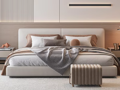 Modern Bedroom Interior With Beige Headboard Multiple Pillows Blanket And Bench 3d model