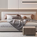 Modern Bedroom Interior With Beige Headboard Multiple Pillows Blanket And Bench 3d model