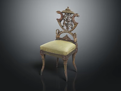 Ornate Vintage Chair With Intricately Carved Backrest And Light Yellow Cushion 3d model