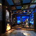 Retro Restaurant Interior Featuring Brick Walls Wooden Decor Colorful Flags And Patterned Floor Tiles