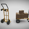 Two Heavy Duty Transport Trolleys With Cardboard Boxes And Yellow Frame Wheels