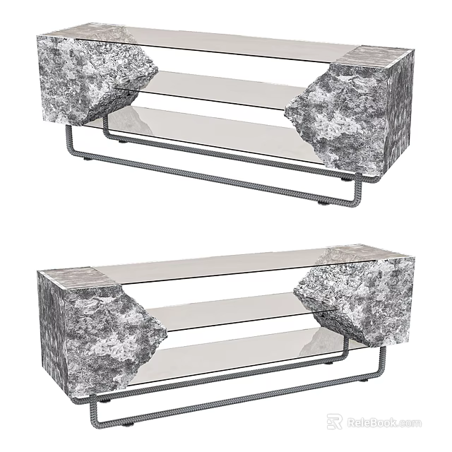 Modern TV Stand With Stone Textured Panels Glass Shelves And Metal Frame 3d model 