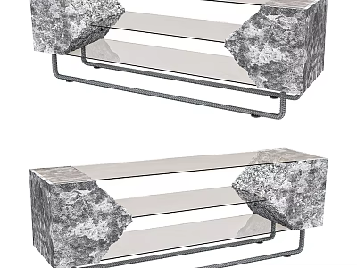 Modern TV Stand With Stone Textured Panels Glass Shelves And Metal Frame 3d model