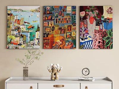 Three Abstract Paintings Hung On Wall Above Decorated Console Table 3d model