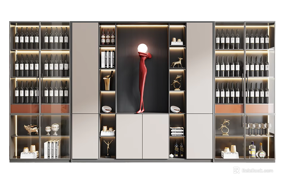 Modern Wine Cabinet Design With Glass Doors Red Sculpture And Wine 3d model 