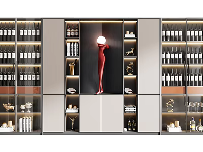 Modern Wine Cabinet Design With Glass Doors Red Sculpture And Wine 3d model