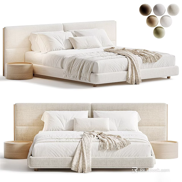 Modern Minimalist Beige Upholstered Double Bed With Cozy Bedding Pillows And Round Wooden Nightstands 3d model 