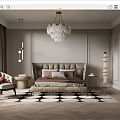 Elegant Modern Bedroom Interior With Tufted Headboard Geometric Rug And White Ruffled Chandelier