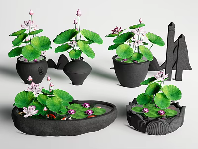Natural Aquarium Fish Tank With Lotus Leaves Pink Flowers And Decorative Pots 3d model