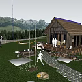 Cozy Wooden Cabin Outdoor Scene With Green Grass Swing Trees And Mountain Views