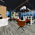 Modern Public Office Space With Long Wooden Table Bookshelves And Ergonomic Chairs