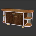 Elegant Modern Wooden Sideboard With Curved Top Gold Handles Open Shelves And Gold Legs