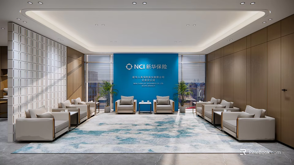 Modern Lounge Area With Blue Backdrop Comfortable Sofas And Decorative Plants 3d model