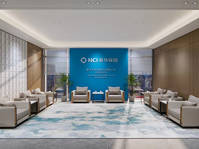 Modern Lounge Area With Blue Backdrop Comfortable Sofas And Decorative Plants 3d model