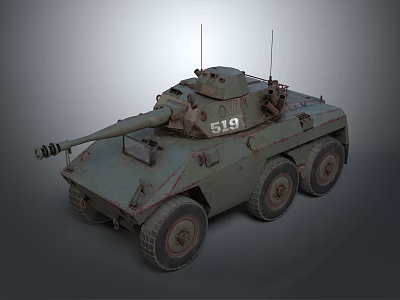 Vintage Military Armored Vehicle With Six Wheels Antennas Cannon And Military Number 519 3d model