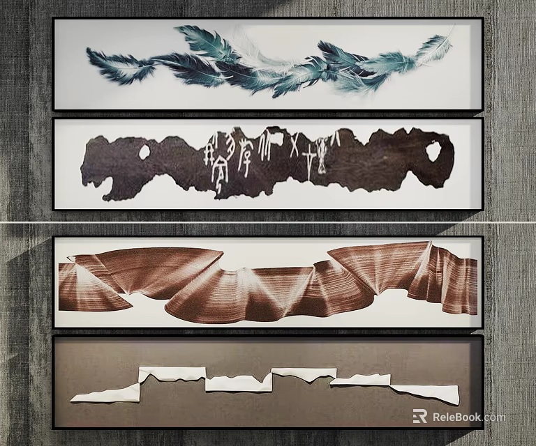 Modern Decorative Wall Art With Feather Abstract Lines And Geometric Shapes On Gray Wall 3d model 