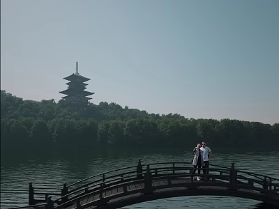 Ancient Pagoda Scenery by Lake with Arch Bridge People and Green Trees 3d model