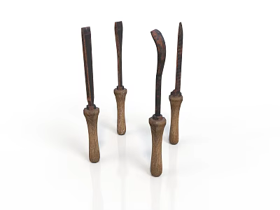Five Hand Tools With Wooden Handles And Rustic Metal Blades On White Background 3d model