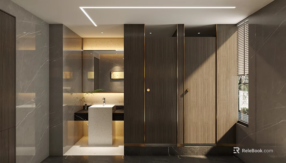 Modern Hotel Bathroom Interior With Marble Walls Vanity Mirror And Recessed Lighting 3d model 