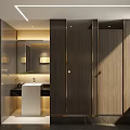 Modern Hotel Bathroom Interior With Marble Walls Vanity Mirror And Recessed Lighting