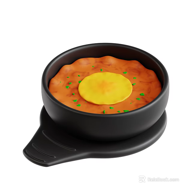 Delicious Tomato Egg Stew with Green Onion Garnish in Black Pot 3d model 