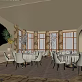 Elegant Private Dining Box Interior With Round Tables White Chairs Chandelier And Green Plants