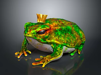 Colorful Reptile With Golden Crown Green Orange Skin And Shiny Surface On Dark Background 3d model