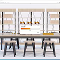 Modern Wooden Dining Table With Metal Frame Stools And Shelving Unit With Yellow Decor