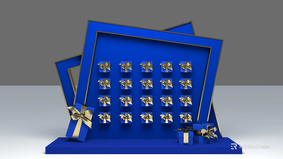 Blue Framed Gift Display With Gold Bow Decorations And Box Arrangement 3d model
