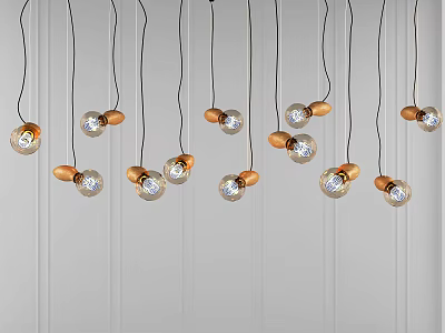 Modern Multiple Pendant Lights With Wooden Bases And Glass Bulbs Hanging Over White Wall 3d model