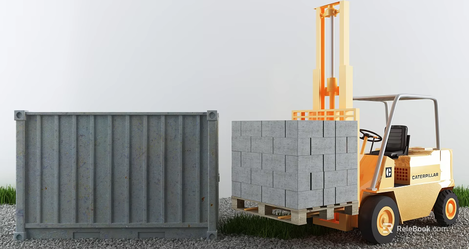 Industrial Forklift Equipment Loading Gray Bricks on Pallet Near Shipping Container 3d model