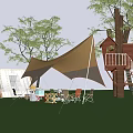 Camping Site With Yellow Tent Treehouse And Outdoor Tables On Green Grassland