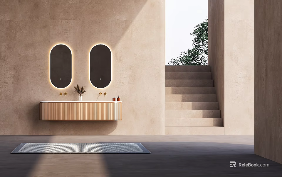 Wall Mounted Bathroom Vanity With Light Wood Surface And Backlit Oval Mirrors 3d model 