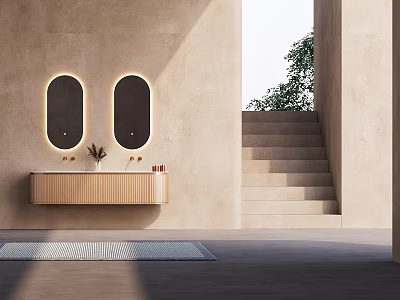 Wall Mounted Bathroom Vanity With Light Wood Surface And Backlit Oval Mirrors 3d model