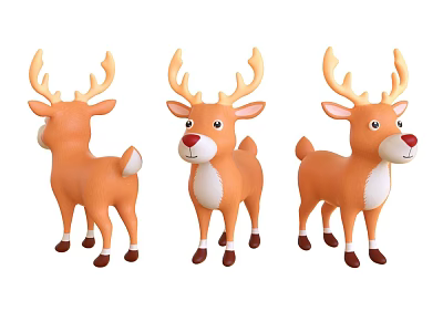 Three Cute Orange And White Stuffed Reindeer Toys With Antlers And Red Noses 3d model