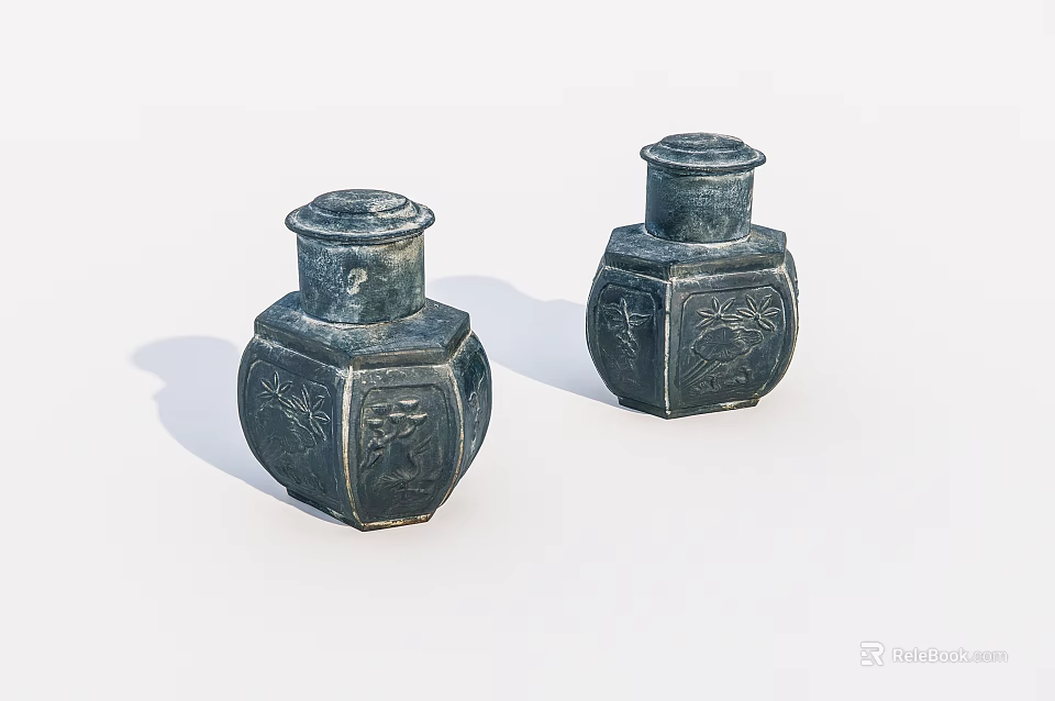 Two Traditional Ceramic Jars With Intricate Carved Patterns And Lids 3d model 