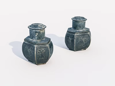 Two Traditional Ceramic Jars With Intricate Carved Patterns And Lids 3d model