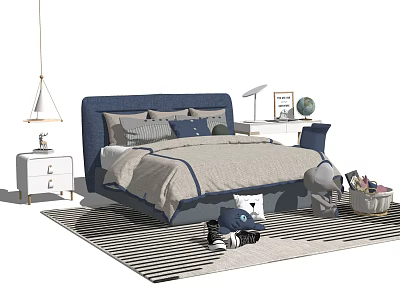 Blue Upholstered Kids Bed with Gray Bedding Nightstand Table Lamp Globe Toys and Striped Rug 3d model