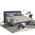 Blue Upholstered Kids Bed with Gray Bedding Nightstand Table Lamp Globe Toys and Striped Rug