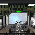 Vibrant Restaurant Interior With Neon Lights Large LED Screen Greenery And Dining Tables 3d model
