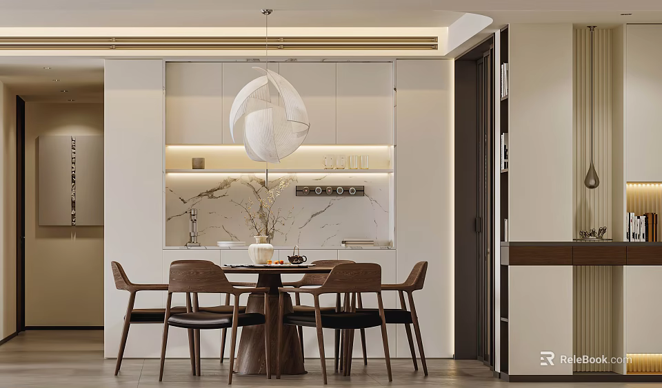 Modern Restaurant Interior With Open Concept Dining Table Chairs Pendant Light And Cabinets 3d model