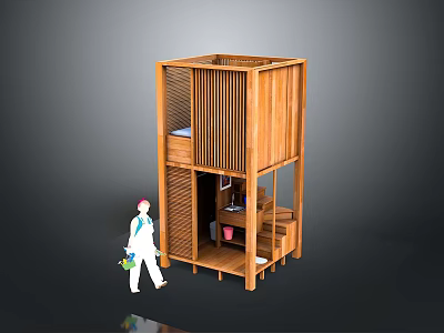 Wooden Multi Layer Storage Structure With Louvered Panels And Small Figure Holding Green Items 3d model