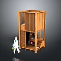 Wooden Multi Layer Storage Structure With Louvered Panels And Small Figure Holding Green Items