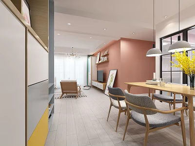 Modern Dining Living Room Interior With Pink Wall Wooden Table Gray Chairs And Pendant Lights 3d model
