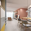 Modern Dining Living Room Interior With Pink Wall Wooden Table Gray Chairs And Pendant Lights
