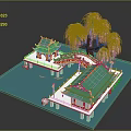 Traditional Chinese Garden Miniature Model With Green Roof Pavilions Red Bridge And Pink Blossom Tree
