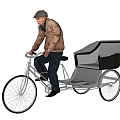 Man Riding Vintage Rickshaw With Covered Passenger Seat And Brown Jacket