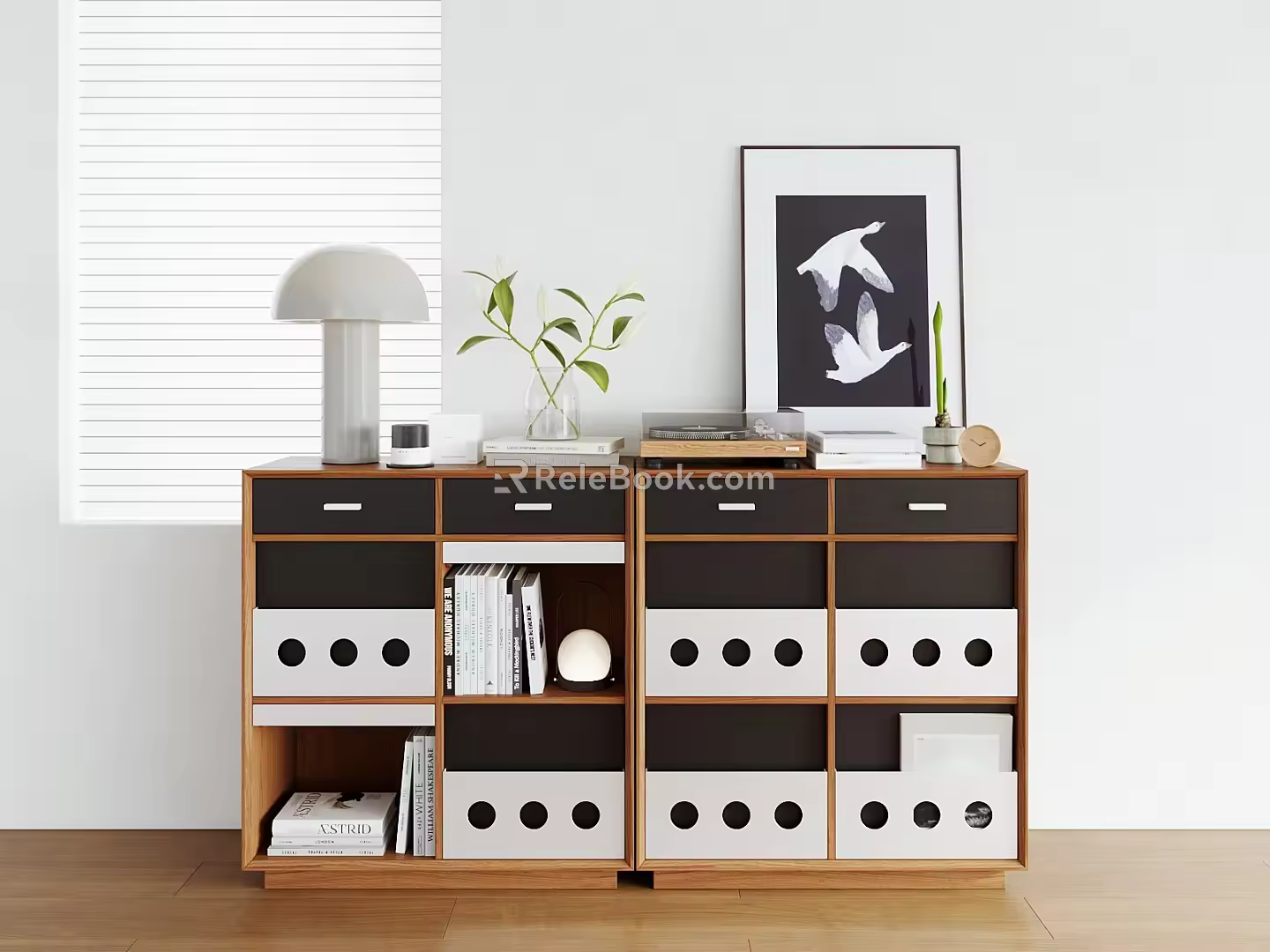 Modern Middle Ancient Bauhaus Side Cabinet Magazine Cabinet Flip Door Retro Four-compartment Cabinet Sideboard Record Machine Table Lamp Decorative Ornaments 3d model