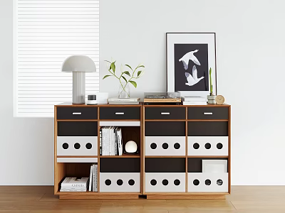 Modern Middle Ancient Bauhaus Side Cabinet Magazine Cabinet Flip Door Retro Four-compartment Cabinet Sideboard Record Machine Table Lamp Decorative Ornaments 3d model