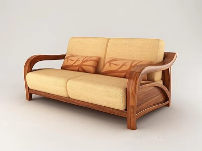 Two Seater Sofa with Wooden Frame Armrests Beige Fabric Cushions and Patterned Pillows Modern Style 3d model
